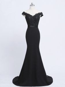 Sumptuous Black Prom Dress V-neck Sleeveless Brush Train Zipper