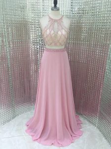 New Arrival Pink Prom and Party and Military Ball with Beading Sleeveless Brush Train Zipper