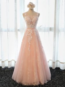Peach Sleeveless Tulle Lace Up Prom Evening Gown for Prom and Party and Military Ball