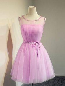 Sleeveless Knee Length Belt Lace Up Court Dresses for Sweet 16 with Lilac