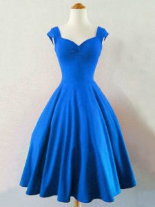 Blue A-line Taffeta Straps Sleeveless Ruching Knee Length Lace Up Damas Dress