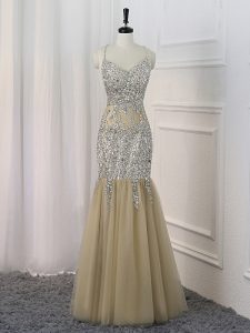 Champagne Straps Neckline Sequins Prom Dress Sleeveless Backless