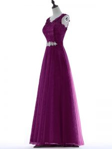Nice Sleeveless Floor Length Beading and Lace Zipper Prom Dress with Purple