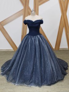Brush Train Ball Gowns Prom Dress Navy Blue Off The Shoulder Tulle Sleeveless Lace Up