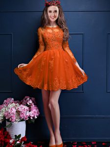 Orange Red Scalloped Neckline Beading and Lace and Appliques Dama Dress for Quinceanera 3 4 Length Sleeve Lace Up