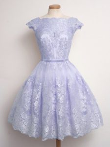 Lavender Scalloped Lace Up Lace Quinceanera Court of Honor Dress Cap Sleeves