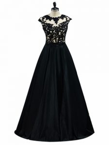 Black Taffeta Backless Evening Dress Sleeveless Floor Length Beading and Lace and Embroidery