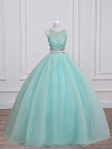 Ball Gowns 15 Quinceanera Dress Aqua Blue Scoop Organza and Taffeta Sleeveless Floor Length Lace Up