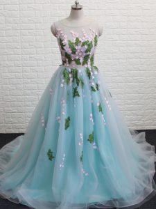 Aqua Blue Sleeveless Appliques Backless Prom Dress