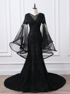 Black Homecoming Dress Tulle Brush Train Long Sleeves Lace and Appliques