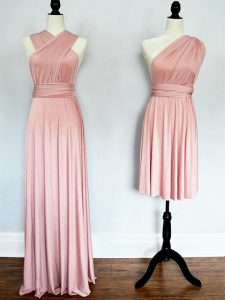 Fabulous Floor Length Pink Court Dresses for Sweet 16 Halter Top Sleeveless Lace Up