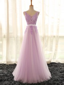 Glamorous Lilac A-line V-neck Sleeveless Tulle Floor Length Lace Up Appliques Dama Dress