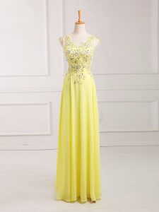 Yellow Zipper Prom Gown Lace and Appliques Sleeveless