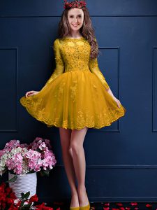 Perfect Gold 3 4 Length Sleeve Chiffon Lace Up Dama Dress for Quinceanera for Prom and Party