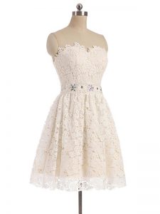 Champagne A-line Sweetheart Sleeveless Tulle Mini Length Zipper Beading and Lace Evening Dress
