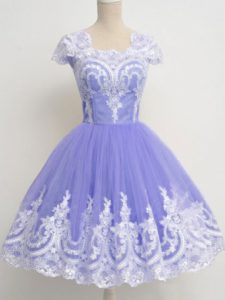 Wonderful Cap Sleeves Knee Length Lace Zipper Quinceanera Court Dresses with Lavender