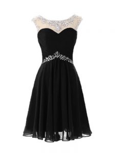 Scoop Cap Sleeves Prom Dresses Knee Length Beading Black Chiffon