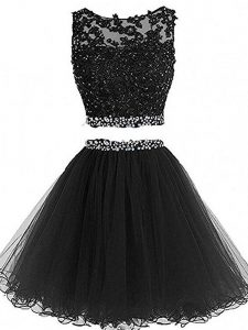 Black Sleeveless Mini Length Beading and Lace and Appliques Zipper Prom Gown