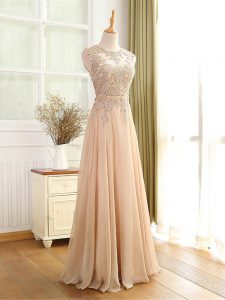 Sleeveless Chiffon Floor Length Zipper Prom Evening Gown in Champagne with Beading and Appliques