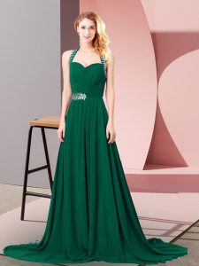 Dark Green Halter Top Neckline Beading and Ruching Prom Gown Sleeveless Zipper