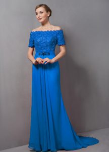 Captivating Blue Off The Shoulder Zipper Lace Prom Party Dress Sweep Train Short Sleeves