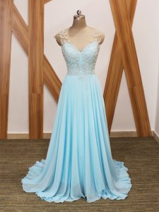 Aqua Blue V-neck Side Zipper Beading and Ruching Dress for Prom Brush Train Short Sleeves