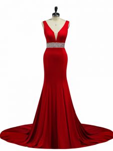 Enchanting Wine Red V-neck Neckline Beading Prom Gown Sleeveless Zipper