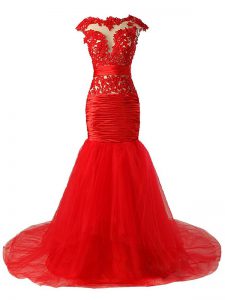 Affordable Red Cap Sleeves Lace and Appliques and Ruching Zipper Evening Dress
