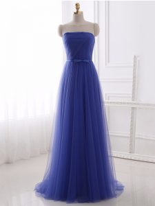 Fine Floor Length Zipper Prom Gown Blue for Prom and Party and Military Ball and Sweet 16 with Beading and Belt