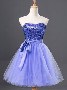 New Style Sleeveless Tulle Mini Length Zipper Prom Gown in Blue with Sequins