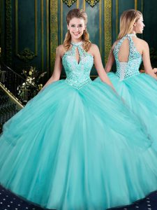 Glittering Floor Length Aqua Blue Quinceanera Dress Tulle Sleeveless Beading and Pick Ups