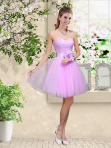 Knee Length Lavender Quinceanera Court Dresses Sweetheart Sleeveless Lace Up
