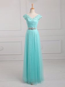 Most Popular Tulle and Lace Cap Sleeves Floor Length Prom Party Dress and Beading and Appliques