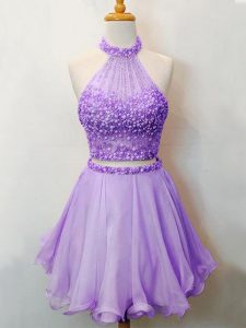 Lavender Two Pieces Halter Top Sleeveless Organza Knee Length Lace Up Beading Damas Dress