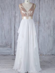 Fine Empire Dama Dress for Quinceanera White V-neck Chiffon Sleeveless Floor Length Backless
