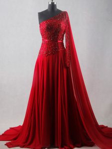 On Sale Chiffon One Shoulder Sleeveless Court Train Zipper Beading and Belt Prom Evening Gown in Wine Red
