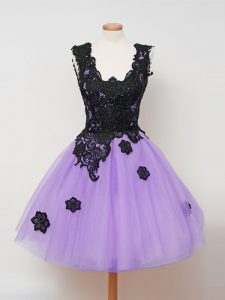 Knee Length Lilac Quinceanera Dama Dress Tulle Sleeveless Appliques