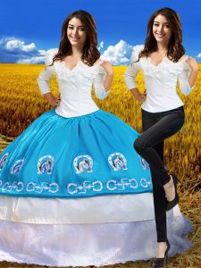 Blue And White Vestidos de Quinceanera Military Ball and Sweet 16 and Quinceanera with Embroidery Off The Shoulder 3 4 Length Sleeve Lace Up