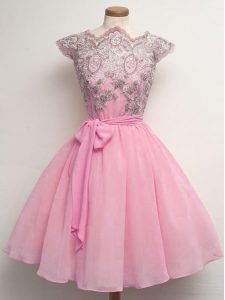 Fabulous Scalloped Cap Sleeves Lace Up Quinceanera Court Dresses Rose Pink Chiffon