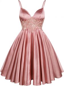 Discount Pink A-line Lace Court Dresses for Sweet 16 Lace Up Elastic Woven Satin Sleeveless Knee Length