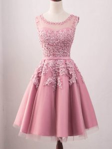 Tulle Scoop Sleeveless Lace Up Lace Vestidos de Damas in Pink