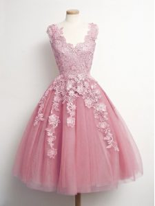 Appliques Quinceanera Court of Honor Dress Pink Lace Up Sleeveless Knee Length