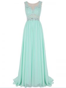 Luxury Chiffon Scalloped Sleeveless Brush Train Backless Beading and Lace and Appliques Prom Evening Gown in Apple Green