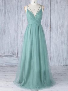 Unique Floor Length Empire Sleeveless Green Quinceanera Court of Honor Dress Criss Cross