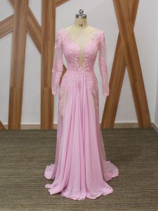 Lace and Appliques Prom Evening Gown Baby Pink Zipper Long Sleeves Brush Train