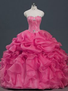 Sweetheart Sleeveless Quinceanera Dresses Floor Length Beading and Ruffles and Pick Ups Hot Pink Organza