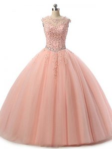 Colorful Sleeveless Tulle Floor Length Lace Up Ball Gown Prom Dress in Peach with Beading and Lace