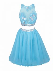 Wonderful Scoop Sleeveless Side Zipper Prom Gown Aqua Blue Tulle