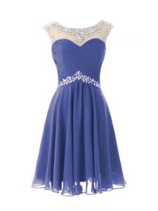 Blue A-line Chiffon Scoop Cap Sleeves Beading Knee Length Zipper Homecoming Dress