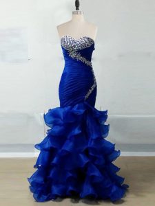 Royal Blue Zipper Sweetheart Beading and Ruffles and Ruching Evening Dress Organza Sleeveless